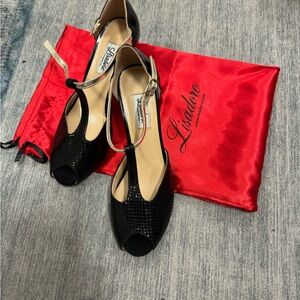 Black Peep-Toe T-Strap Heels
